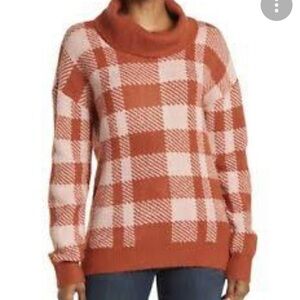 New Olivia Sky Plaid Print Rust Cowl Neck Sweater size large